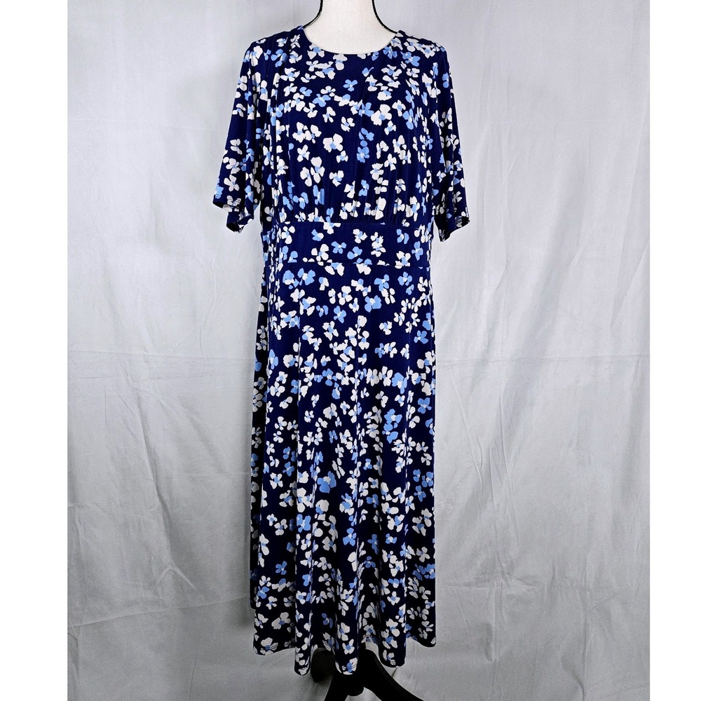 London Times 14W Blue Floral Short Sleeve‎ Empire Waist Midi Dress